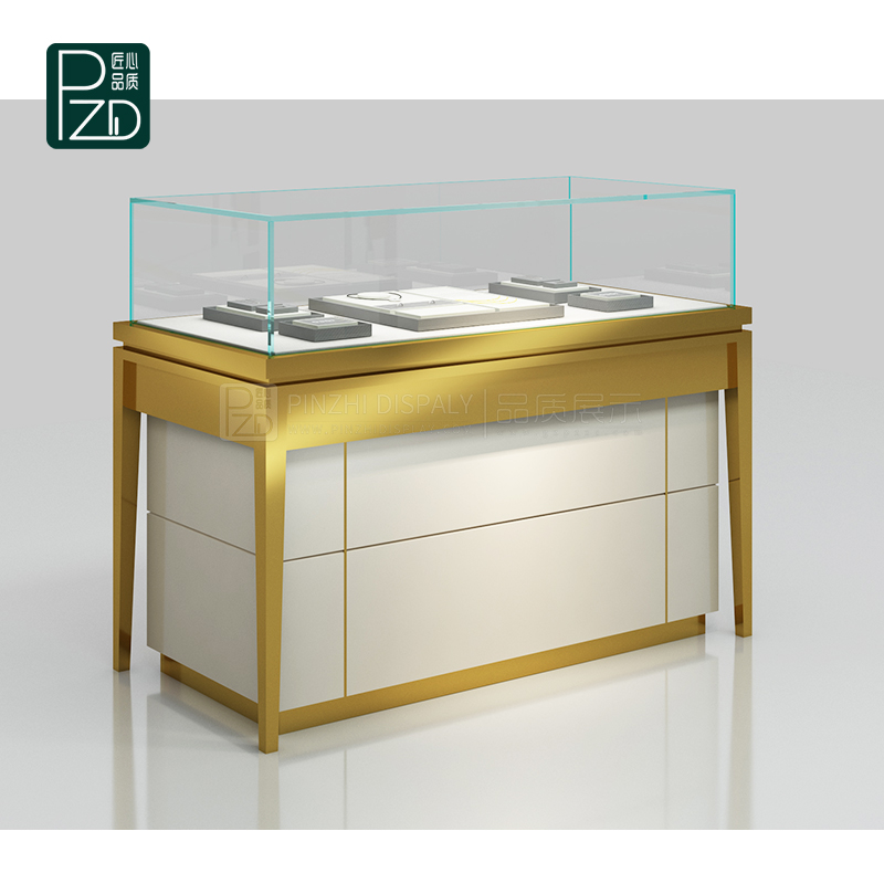 Golden glossy glass jewelry showcase cabinets for retail jewelry stores