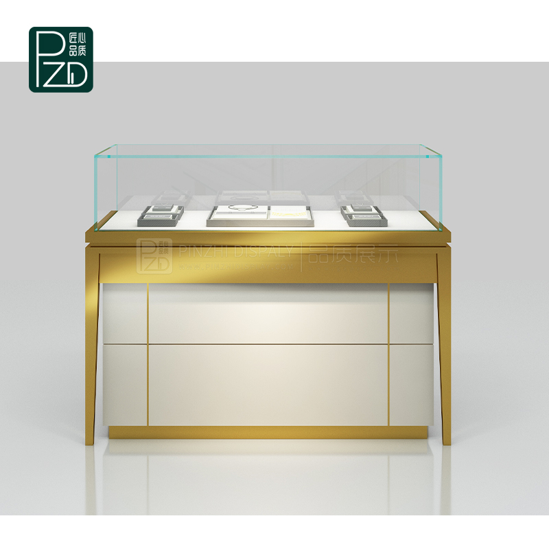 Golden glossy glass jewelry showcase cabinets for retail jewelry stores